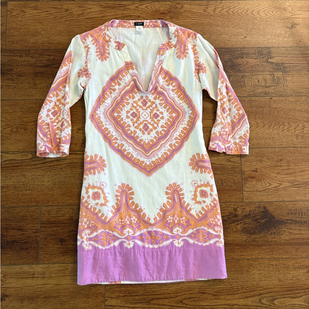 J.Crew Linen Blend Tunic Dress Medallion Print Pink Orange Size 0